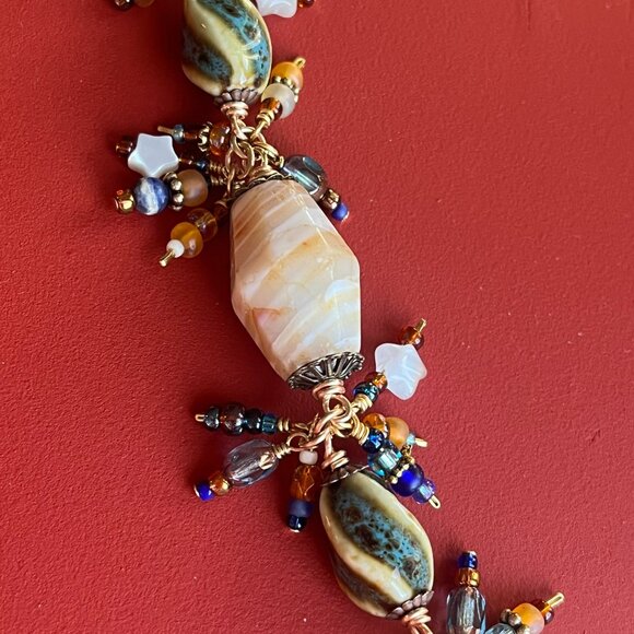 Boho Dangle Bracelet, Banded Agate Gemstone, Ceramic Beads, Wire Wrapped Dangles - Picture 11 of 15